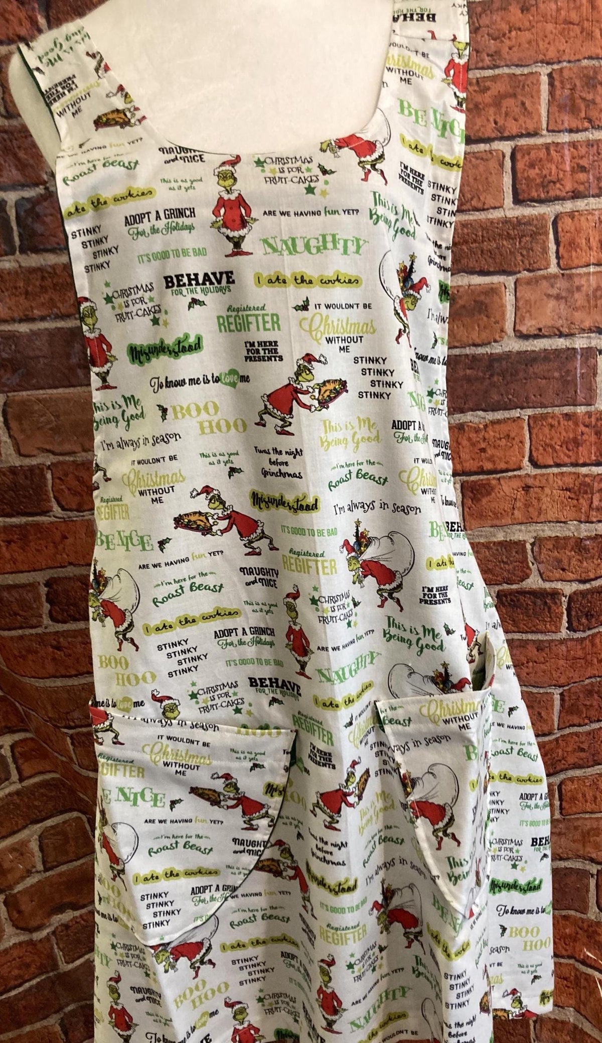 GRINCH CHRISTMAS SAYINGS, Reversible Cross Back Apron, Handmade for Christmas