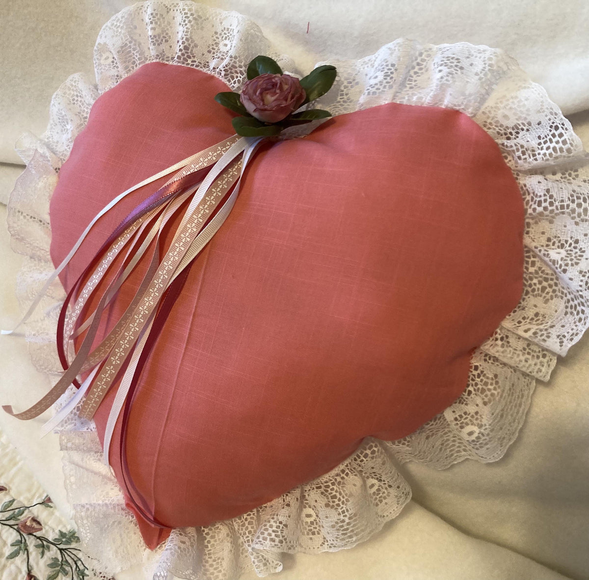 HEART PILLOW with lace trim For Valentine's Day