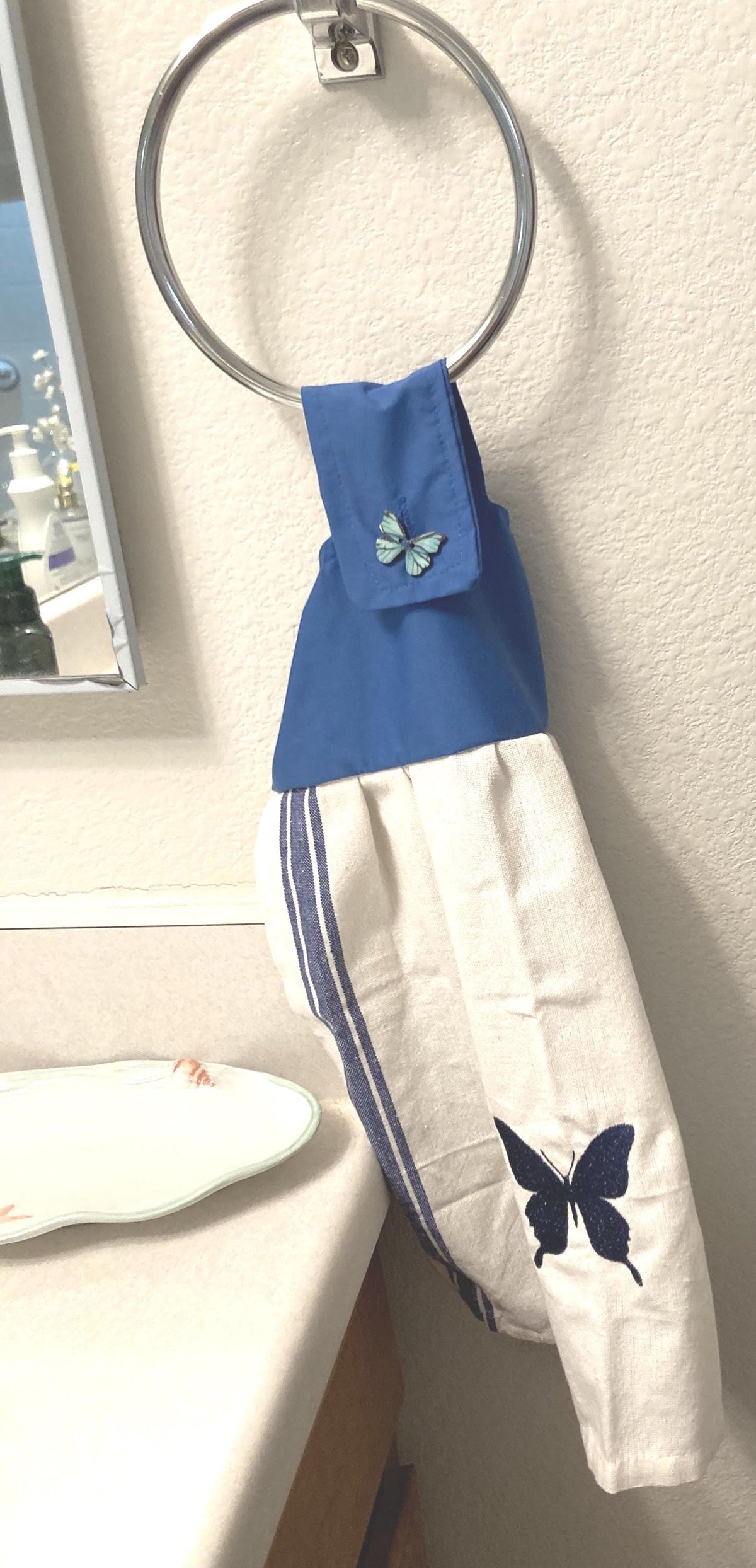 Blue Butterfly embroidered on cotton towel hanging