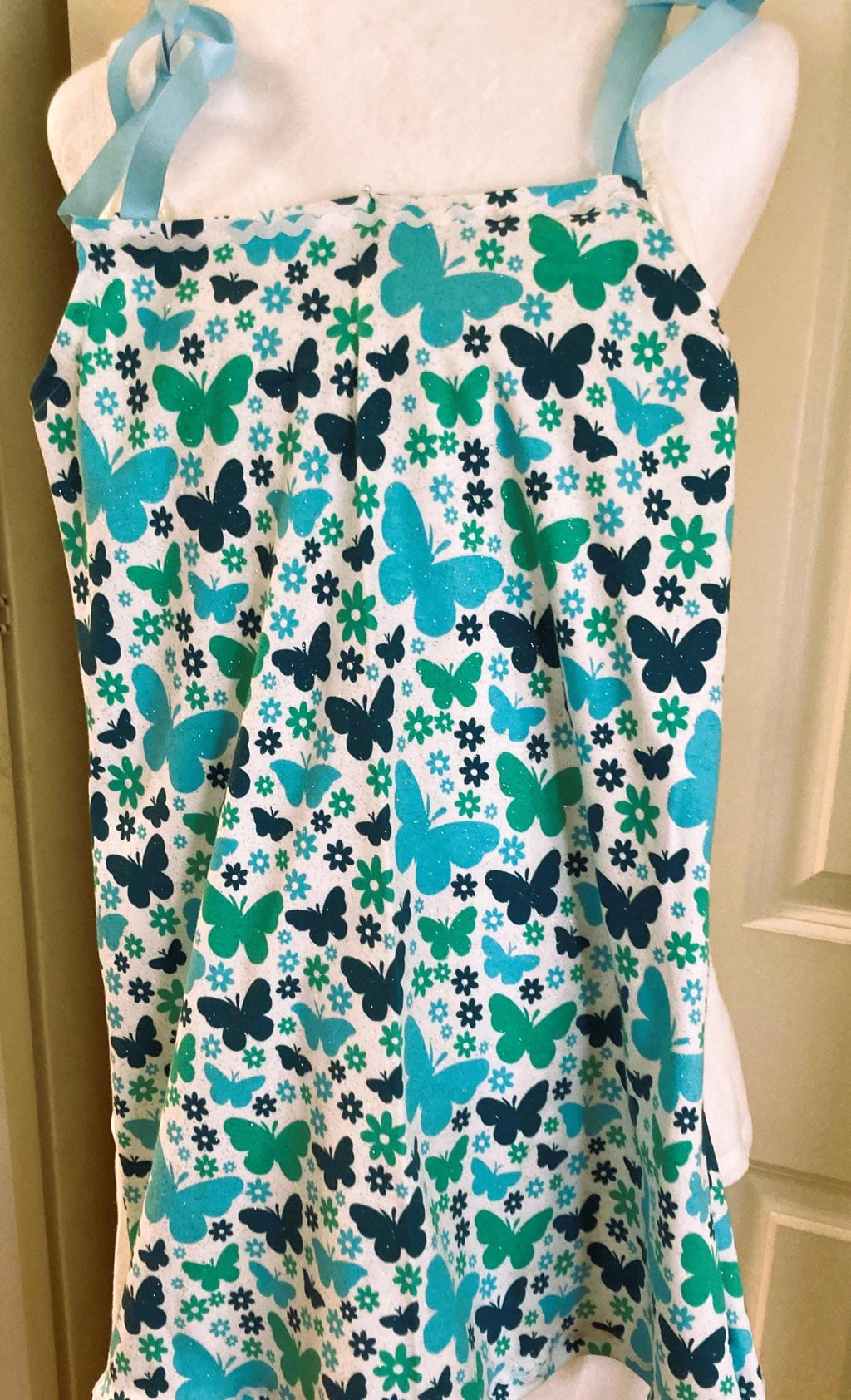 Girls' Knit Dress: Butterfly Print, Ribbon Straps (Size 6-8)
