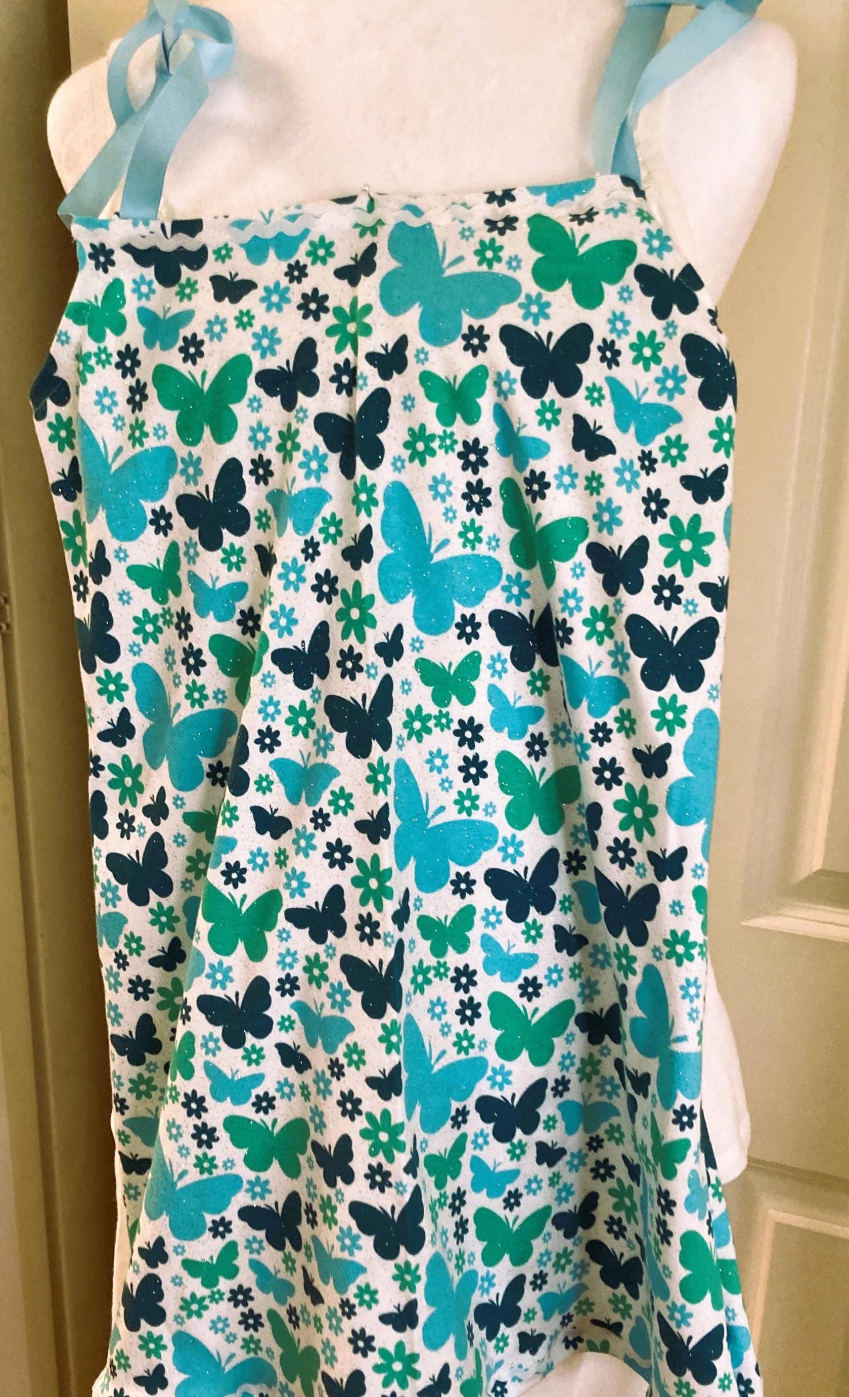 Girls' Knit Dress: Butterfly Print, Ribbon Straps (Size 6-8)