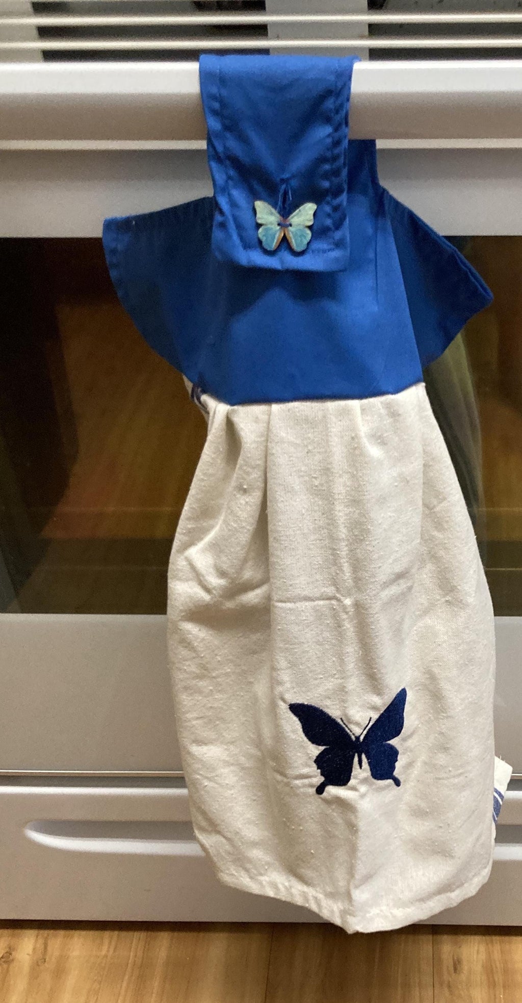 Blue Butterfly embroidered on cotton towel hanging