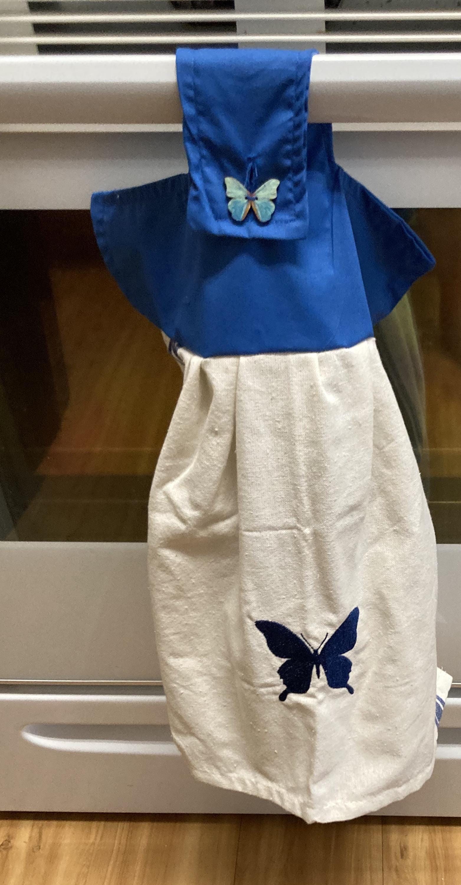 Blue Butterfly embroidered on cotton towel hanging