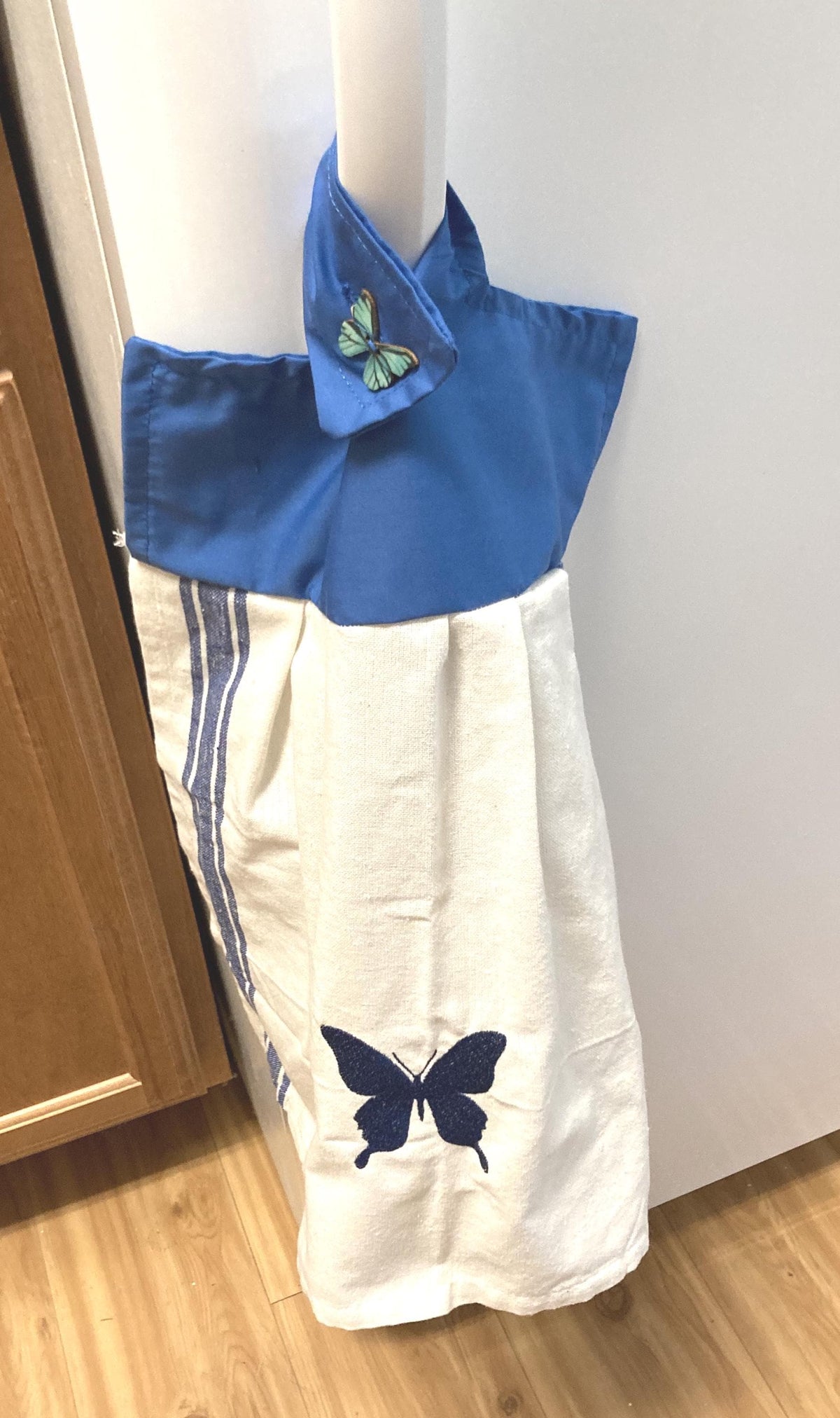 Blue Butterfly embroidered on cotton towel hanging