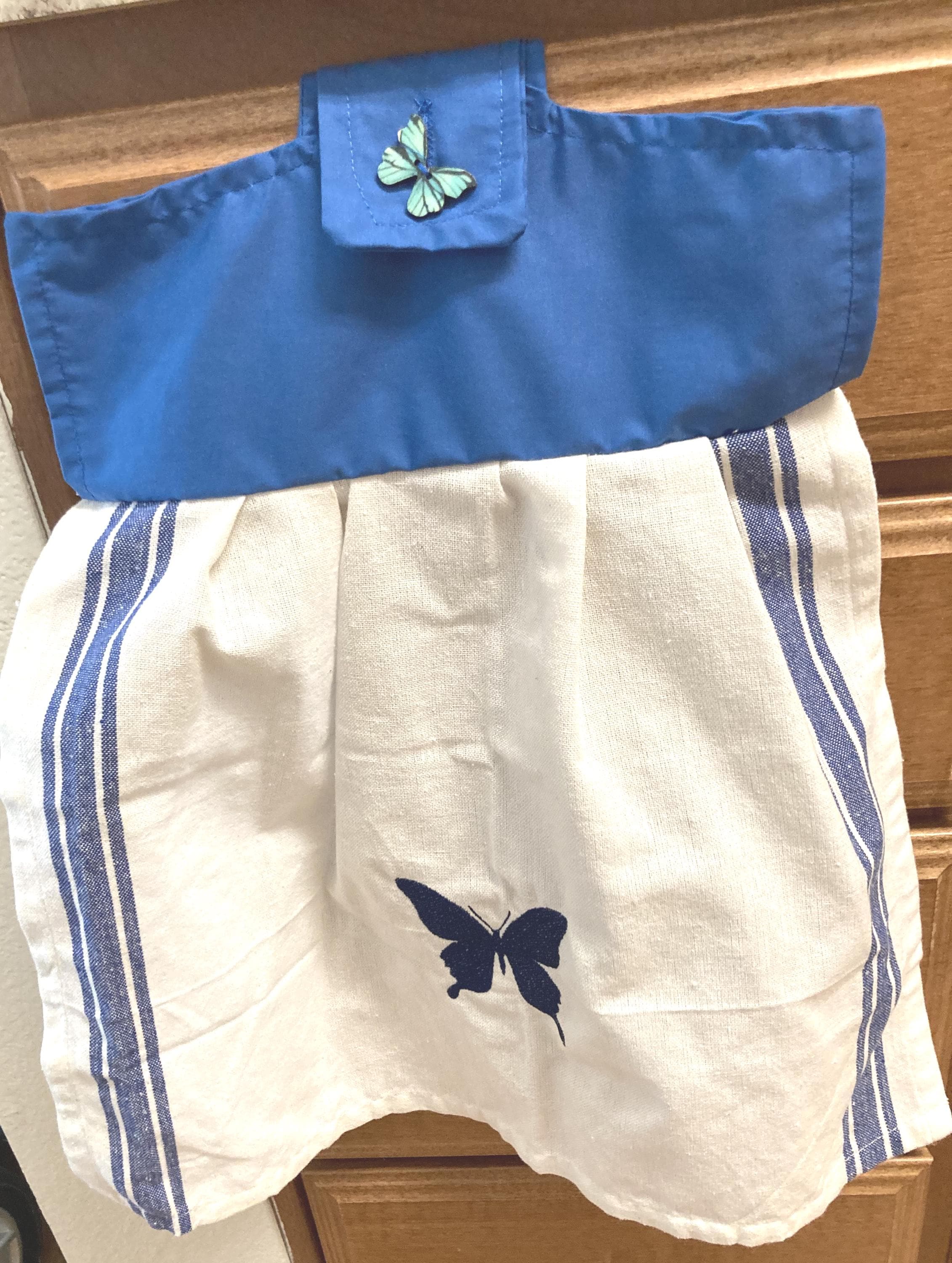 Blue Butterfly embroidered on cotton towel hanging
