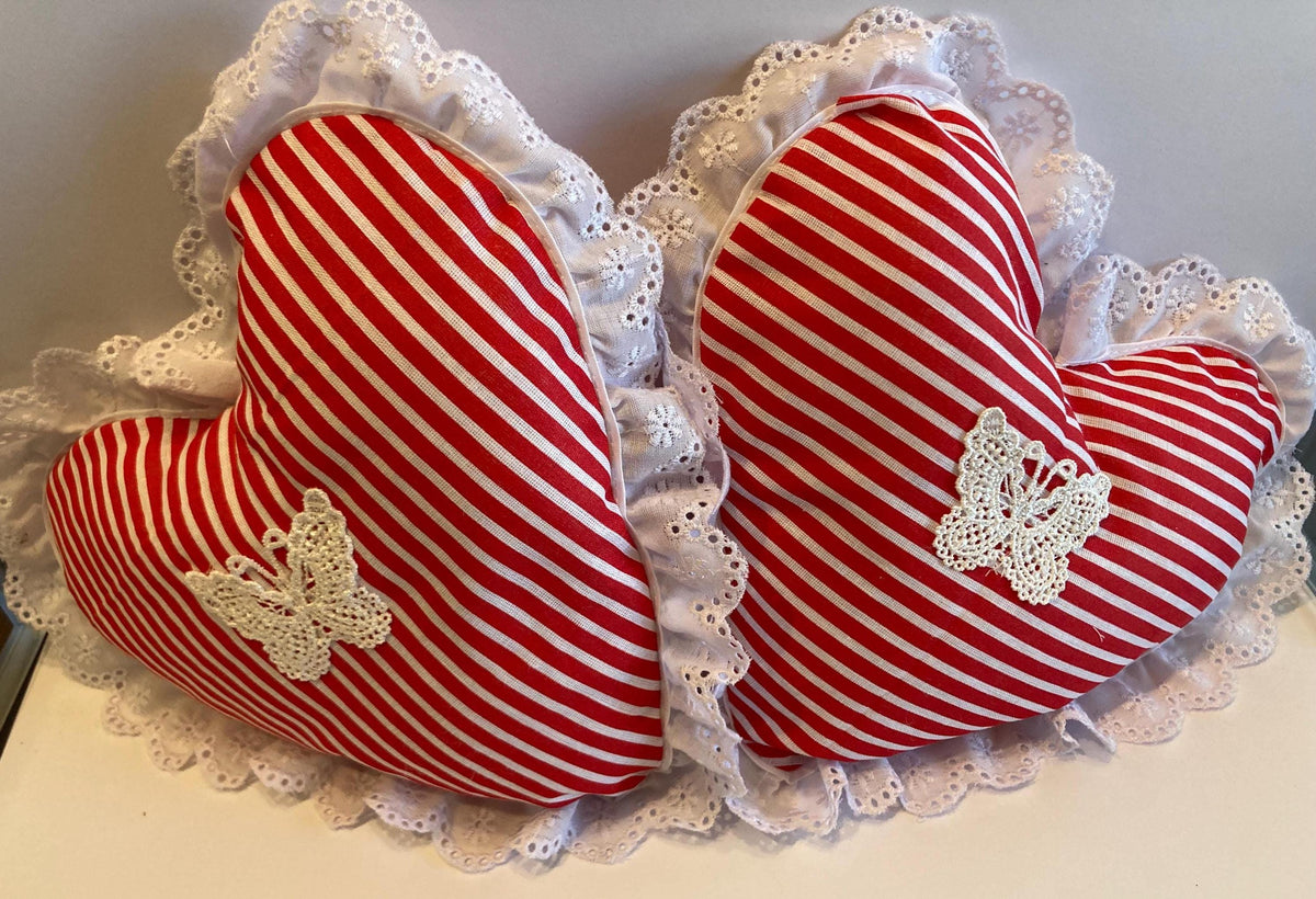 RED & WHITE STRIPED Heart Pillows for Valentine Day or All Year