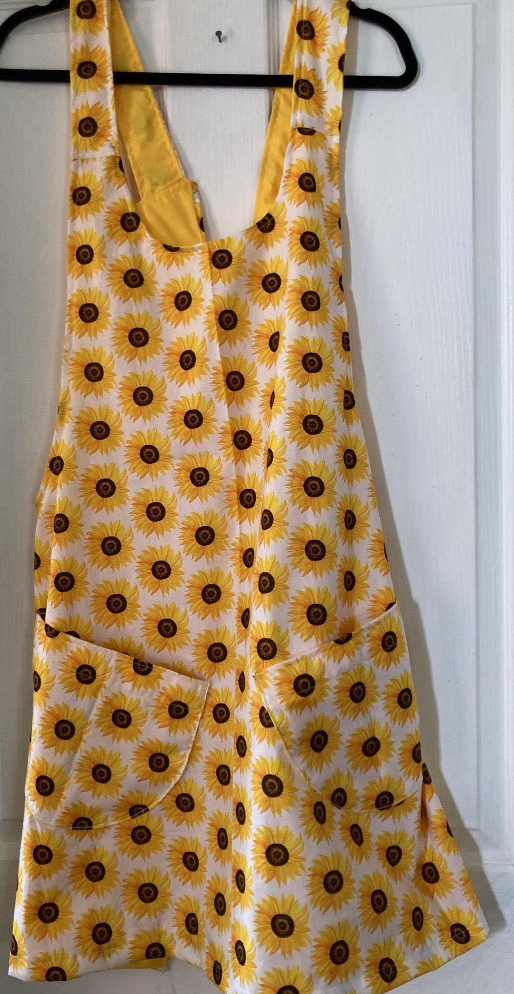 Yellow Harvest apron, handmade reversible cross back apron, sunflowers all over