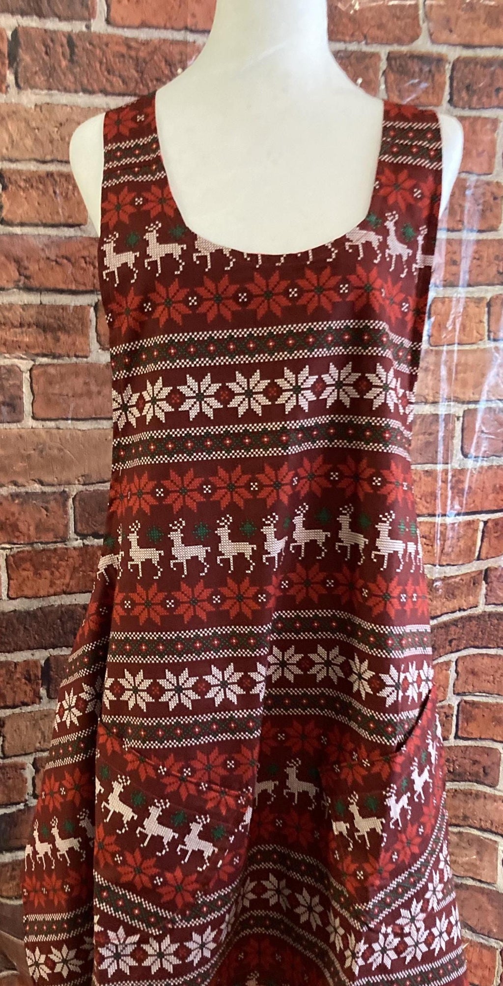 Reversible Christmas Apron: Faux Cross Stitch Reindeer, Red Black Plaid (1x-2x)