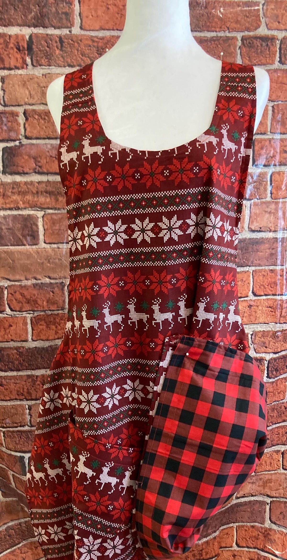 Handmade Reversible Christmas Apron, Faux Cross Stitch Reindeer, Cross back style