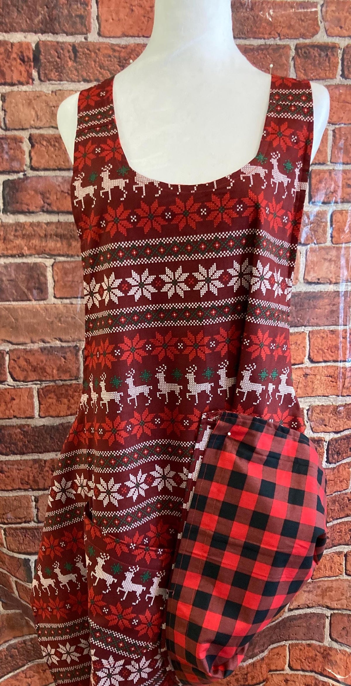 Reversible Christmas Apron: Faux Cross Stitch Reindeer, Red Black Plaid (1x-2x)