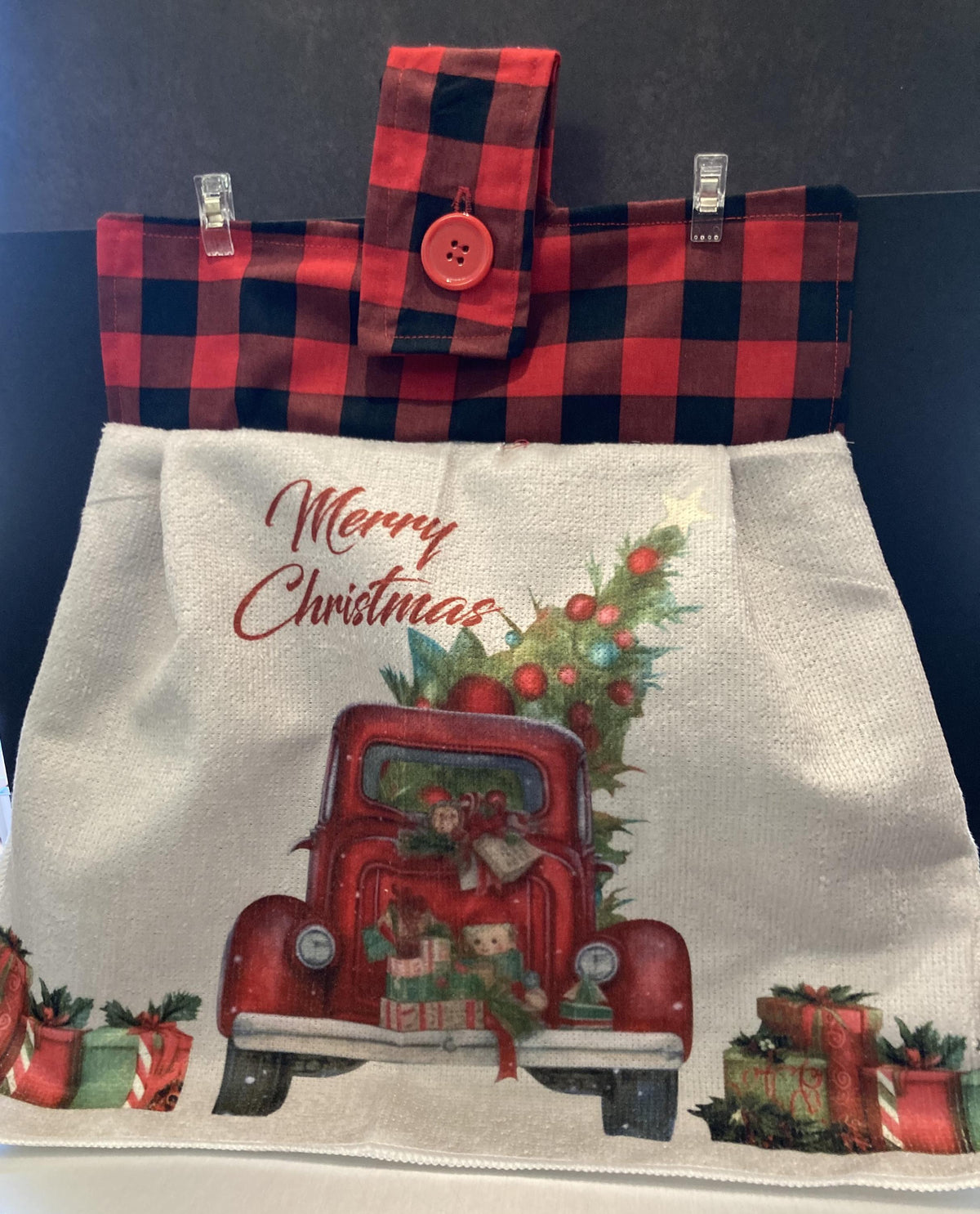 Hanging Towels Christmas with Red Black Plaid hanger top