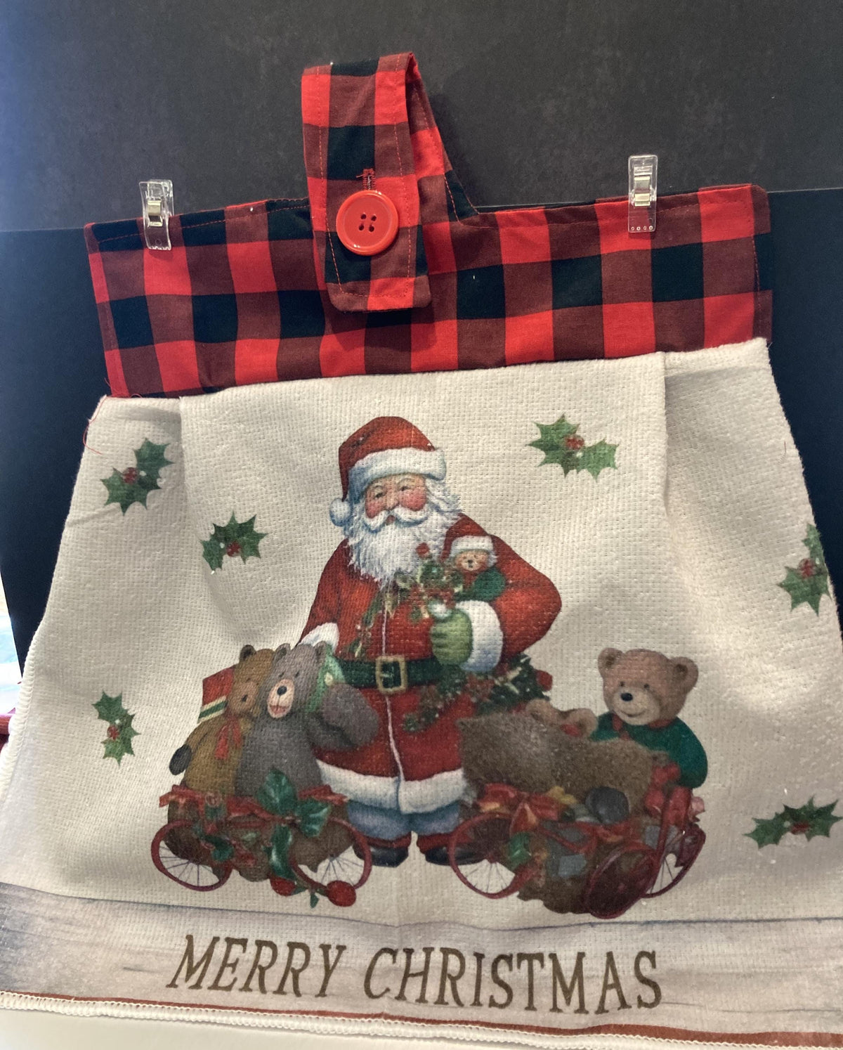 Hanging Towels Christmas with Red Black Plaid hanger top