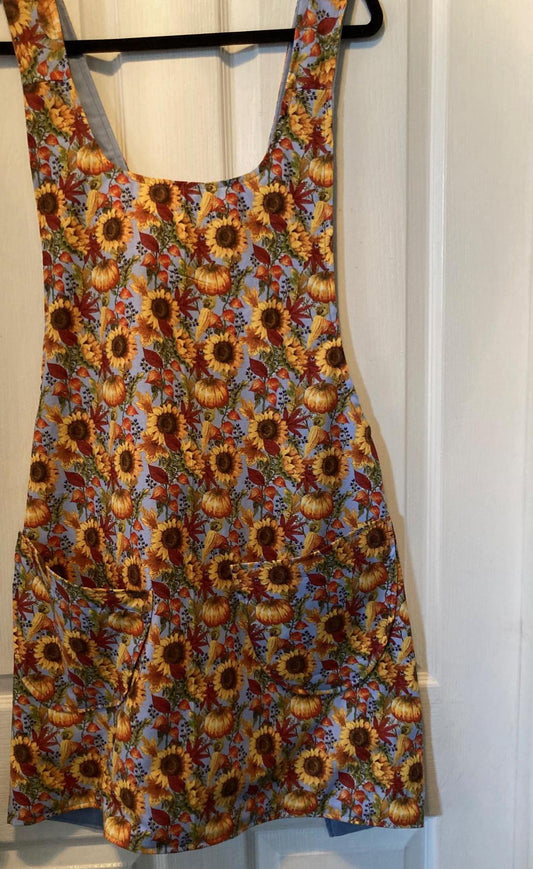 Cottage Core Handmade Reversible Cross back apron, Harvest Time, Blue Sky Background and Sunflowers