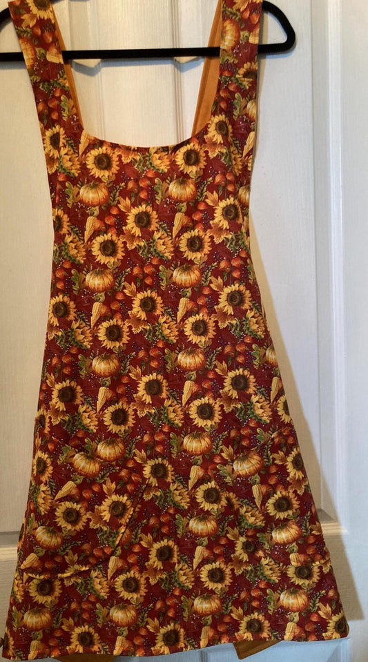 Cottage Core handmade apron, Sunflowers on Red, Reversible Cross back style, Harvest Time