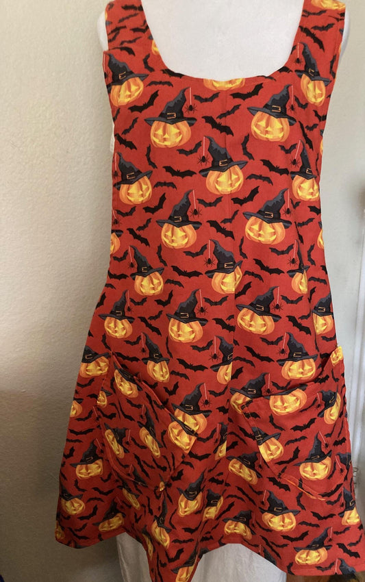 Halloween Pumpkin Witch Hat Apron, Reversible Cross Back, Kitchen Wear