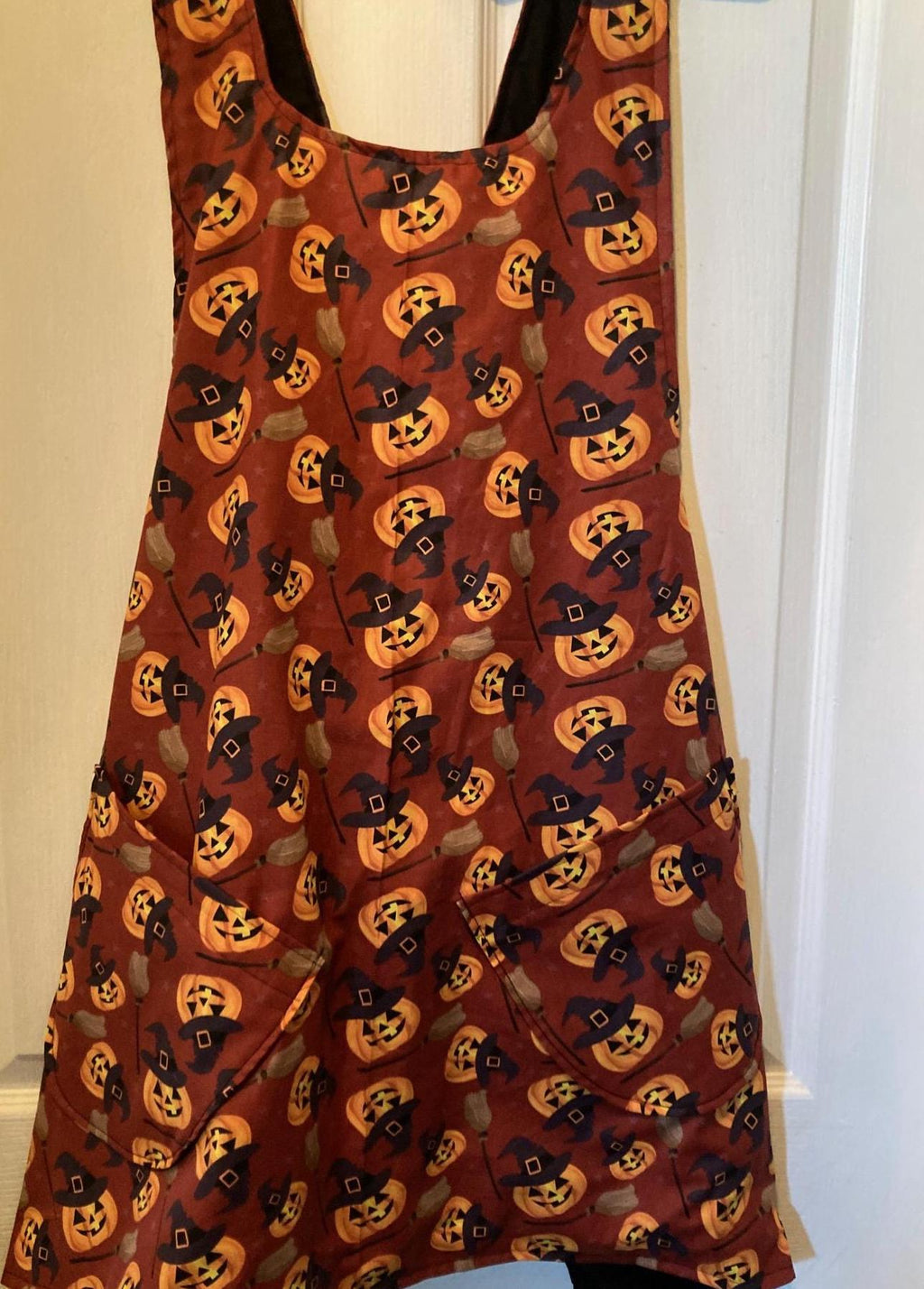 Halloween Pumpkin Which with broom Reversible Cross Back Apron
