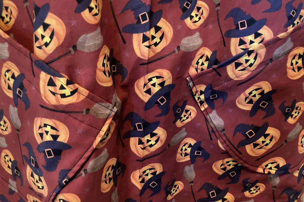 Halloween Pumpkin Which with broom Reversible Cross Back Apron