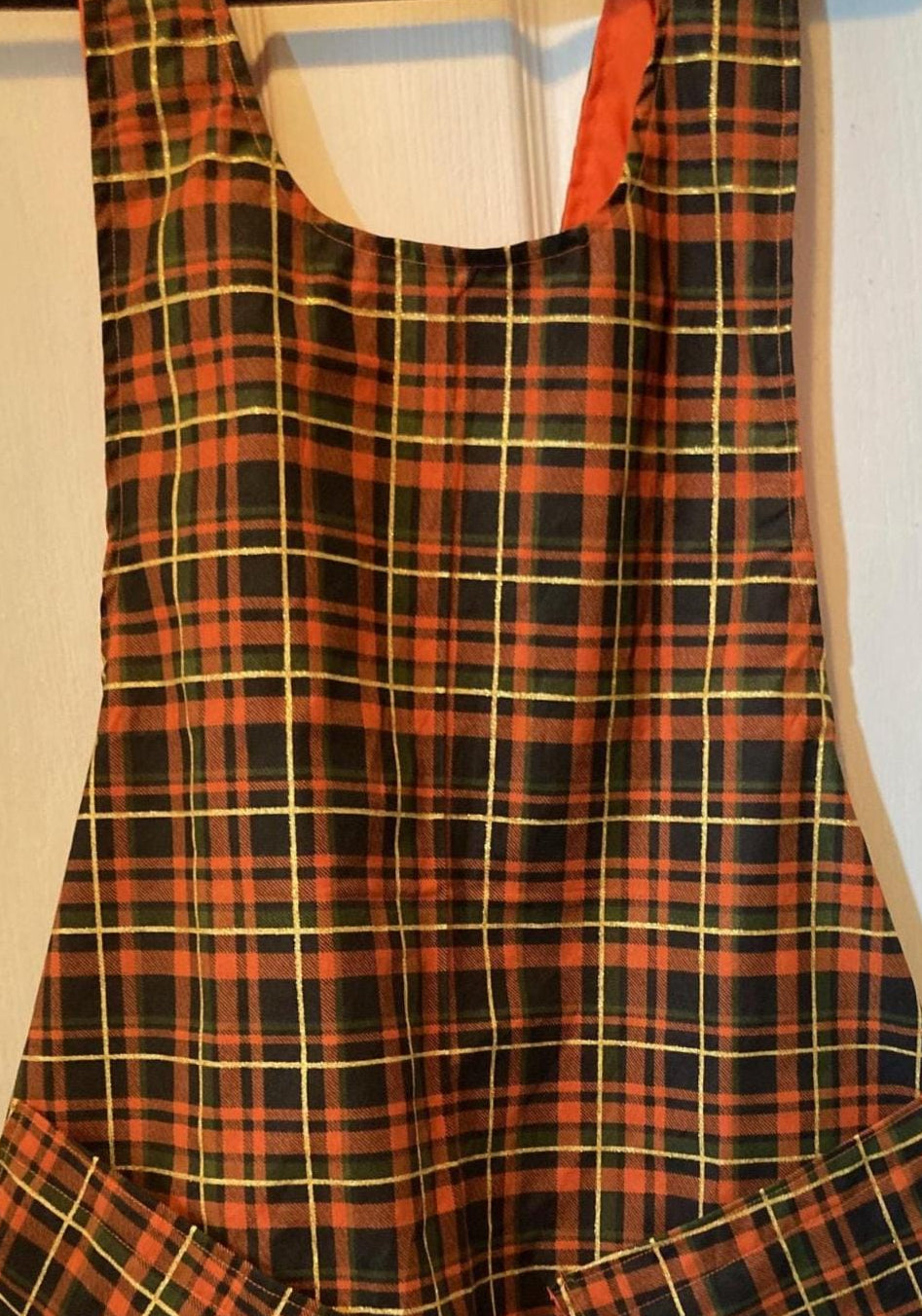 Reversible Brown Orange Plaid Apron, Cross Back, Two Pockets, Gold Glitter Stripe