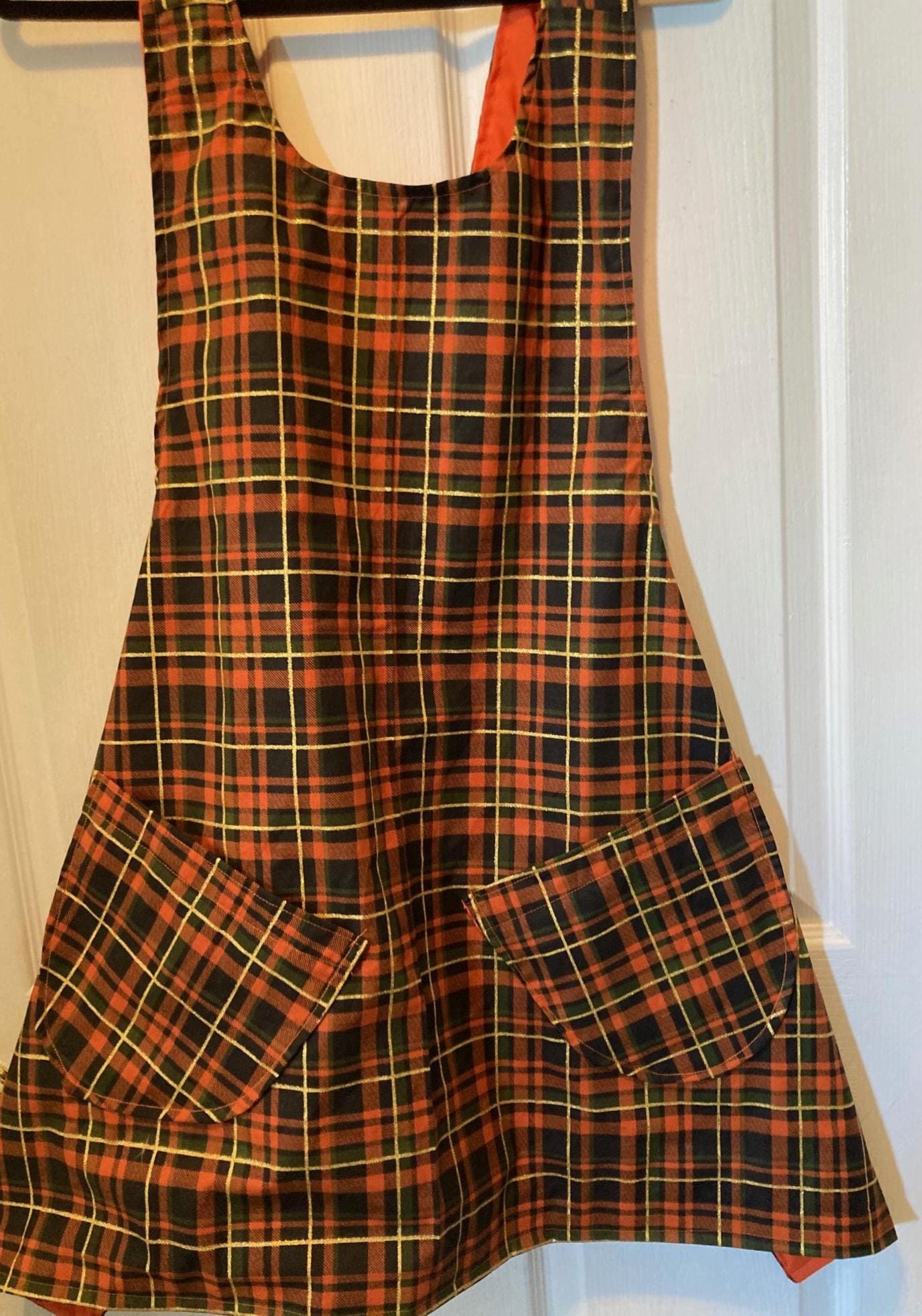 Harvest Brown and Orange Plaid Reversible Cross Back Apron