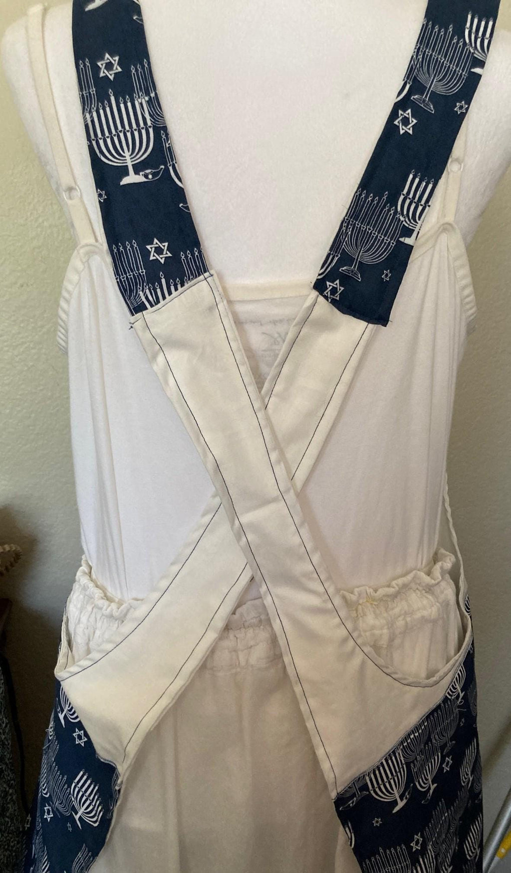 HANUKKAH MENORAHS on Reversible Cross Back Aprons Blue and White