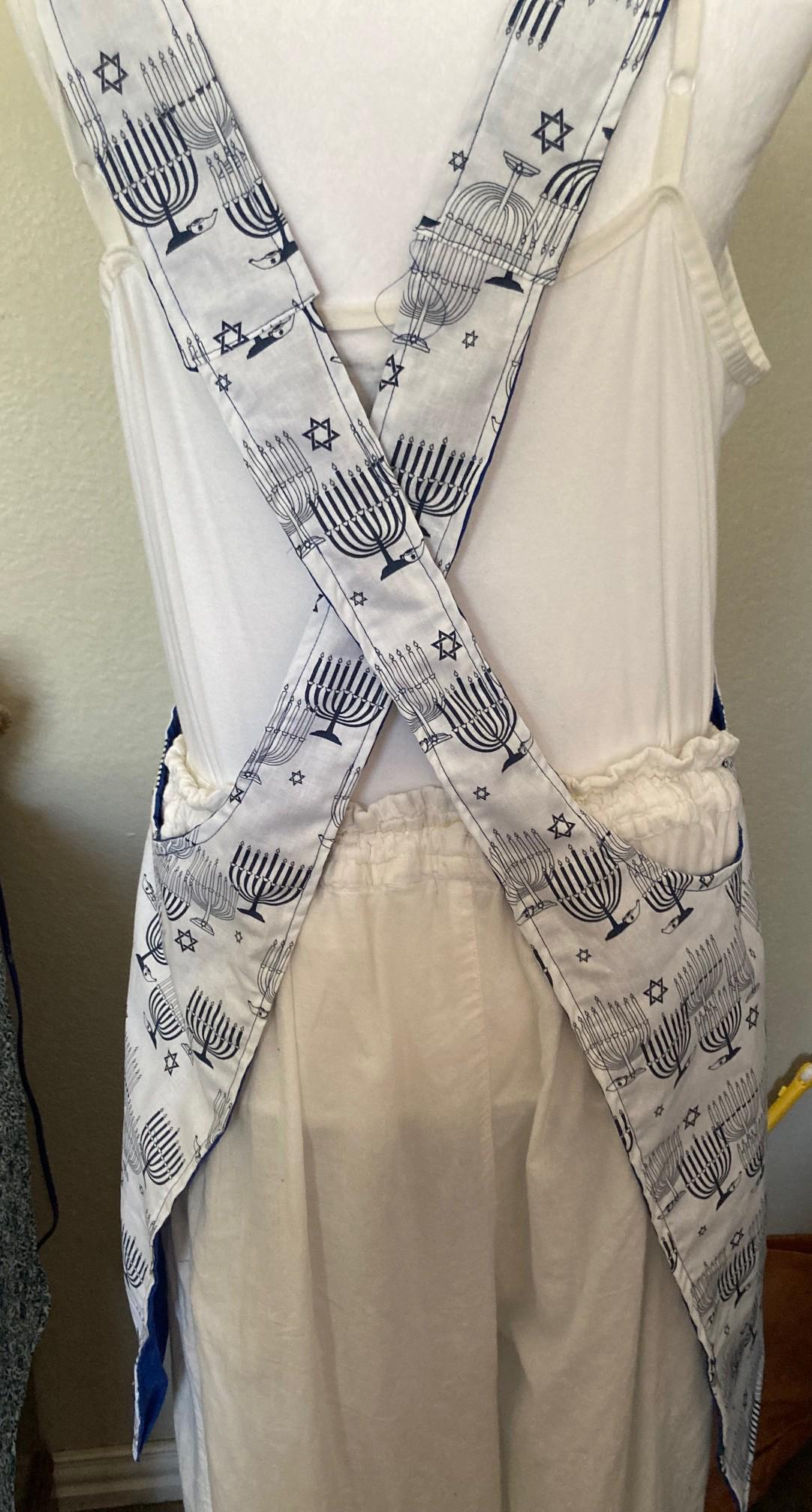 HANUKKAH MENORAHS on Reversible Cross Back Aprons Blue and White