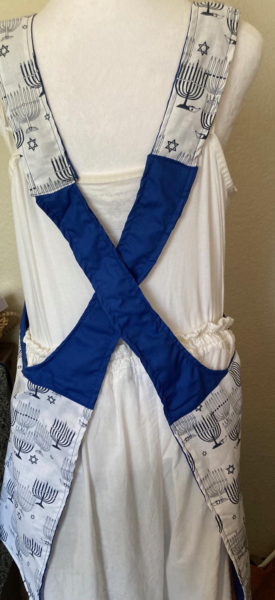 HANUKKAH MENORAHS on Reversible Cross Back Aprons Blue and White