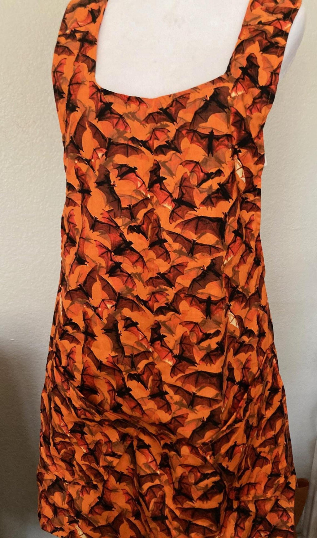Flying Bats Halloween Apron: Reversible Cross Back Orange Sky Design