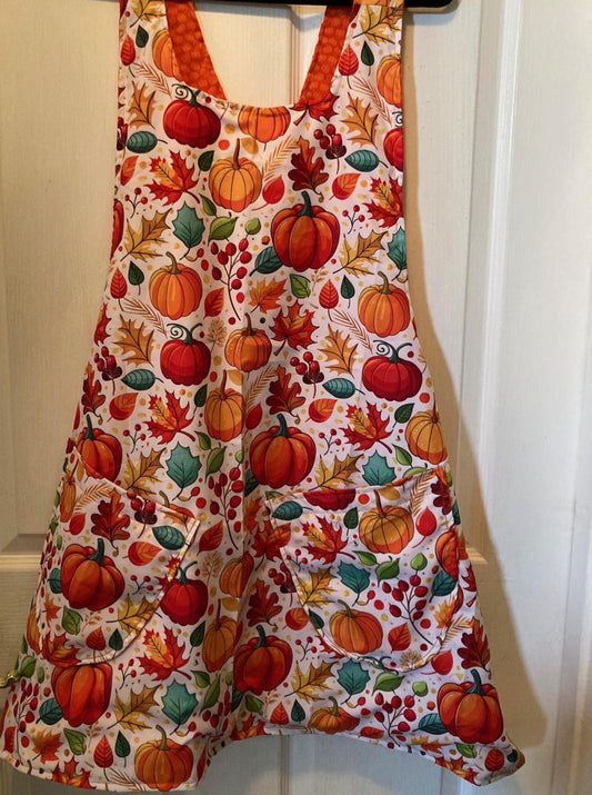 Harvest Pumpkins and Leaves Reversible Cross Back Apron