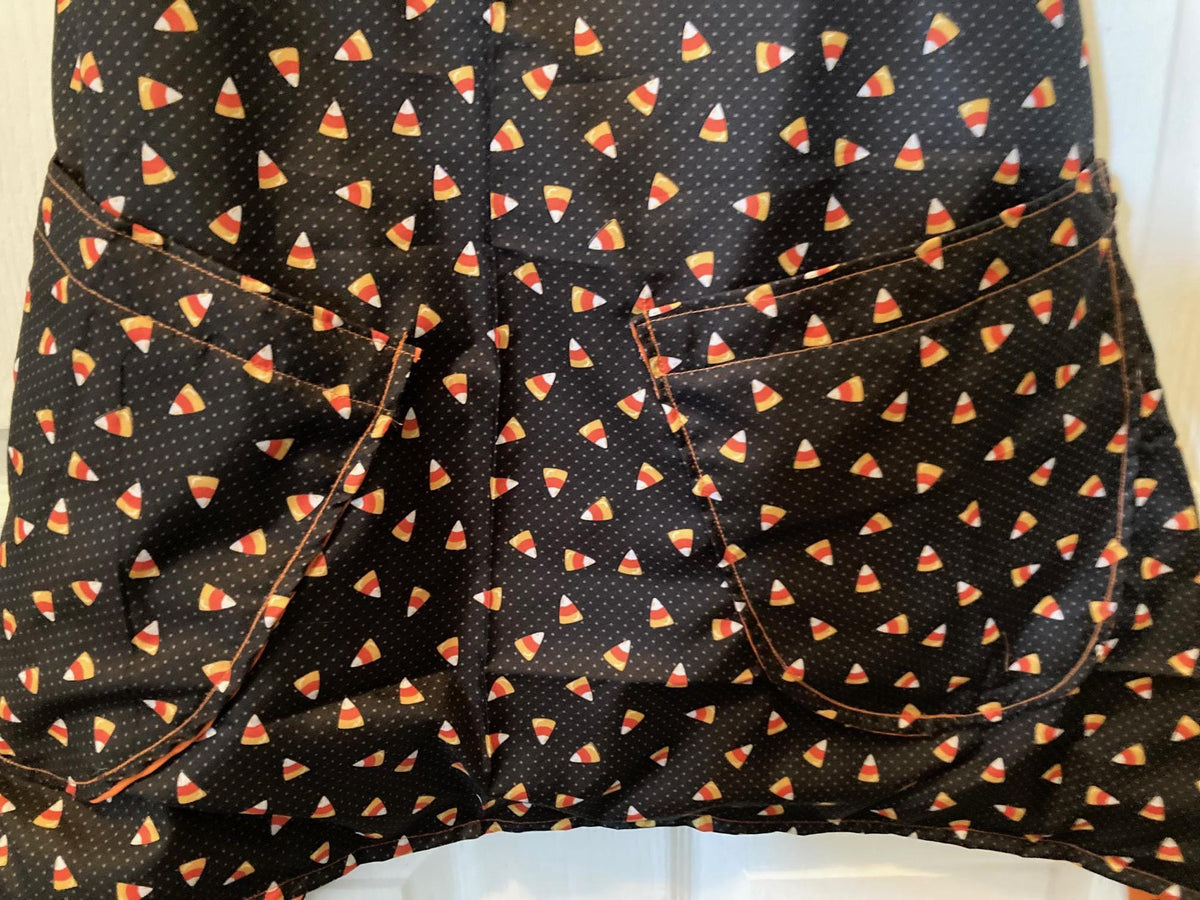 Halloween Candy Corn and Black Dots on Orange Reversible Cross Back Apron
