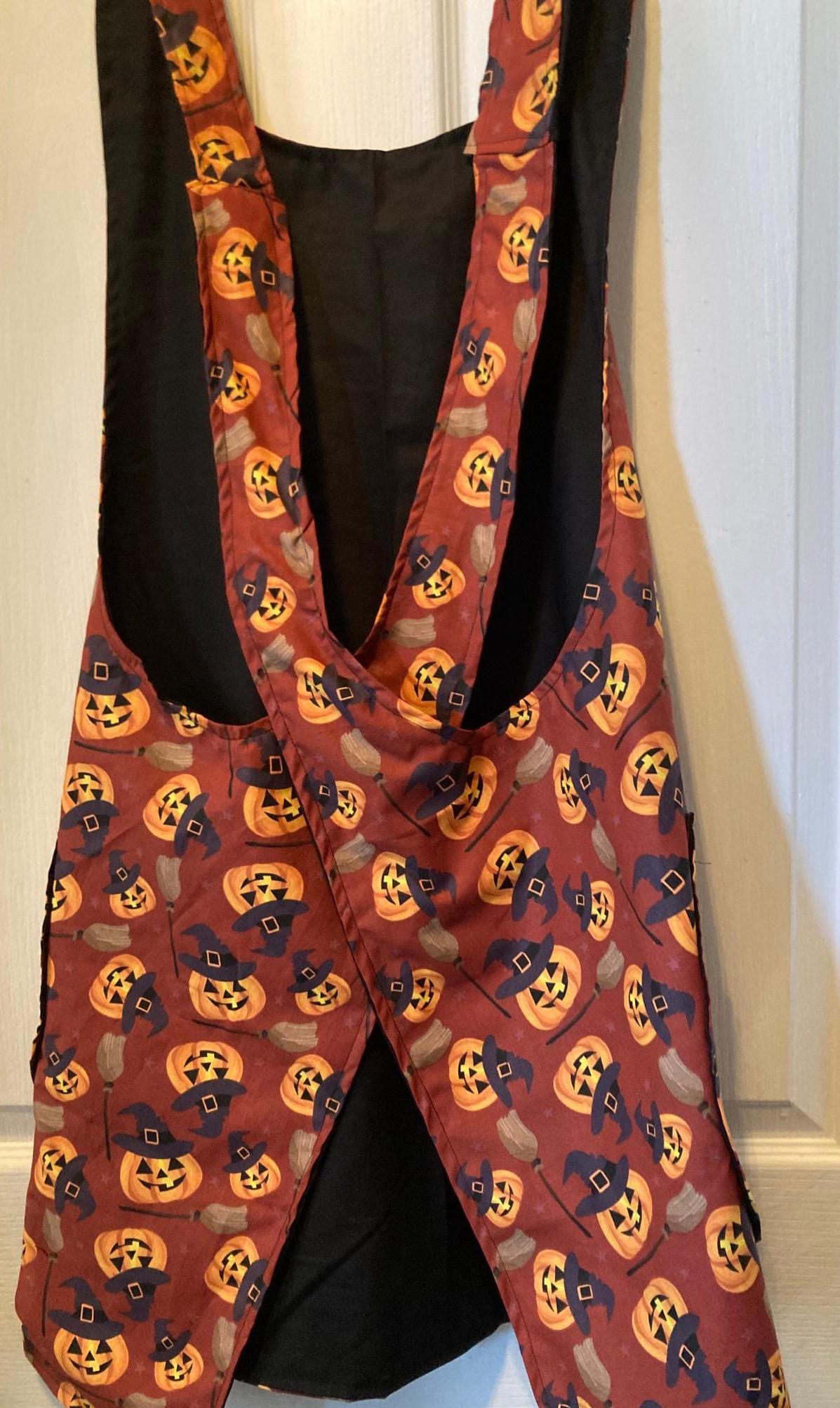 Halloween Pumpkin Which with broom Reversible Cross Back Apron