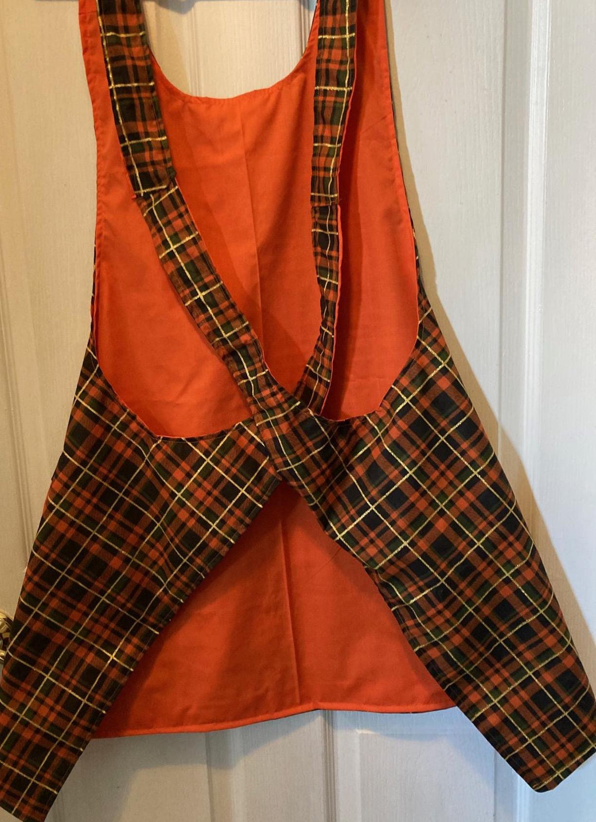 Reversible Brown Orange Plaid Apron, Cross Back, Two Pockets, Gold Glitter Stripe