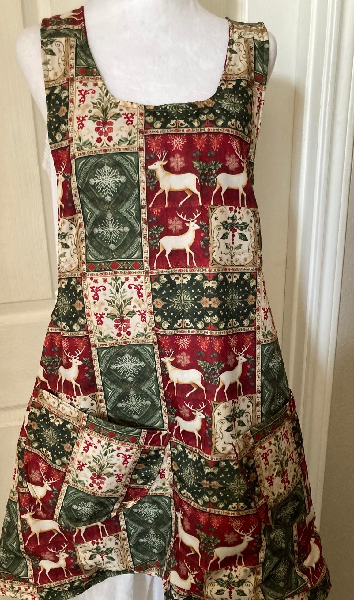 Handmade CHRISTMAS PATCHWORK REINDEERS on a Reversible Cross Back Apron as a Gift