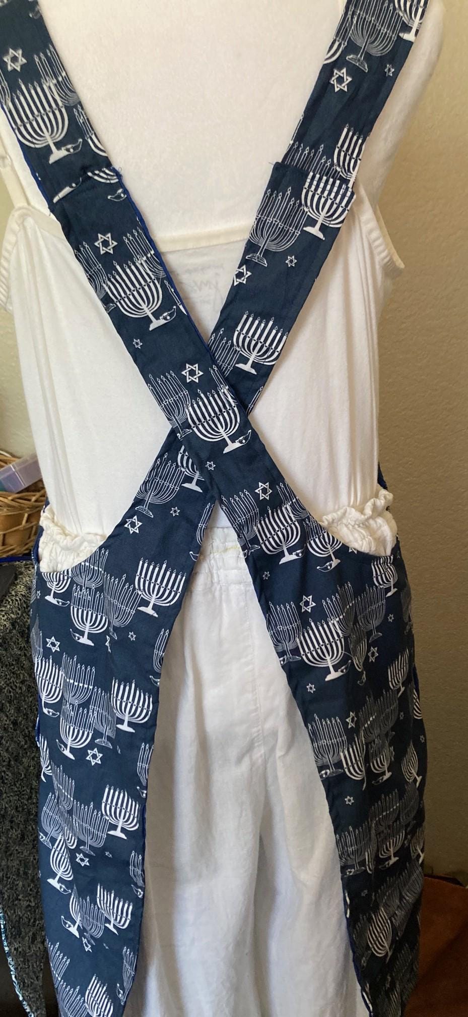 HANUKKAH MENORAHS on Reversible Cross Back Aprons Blue and White
