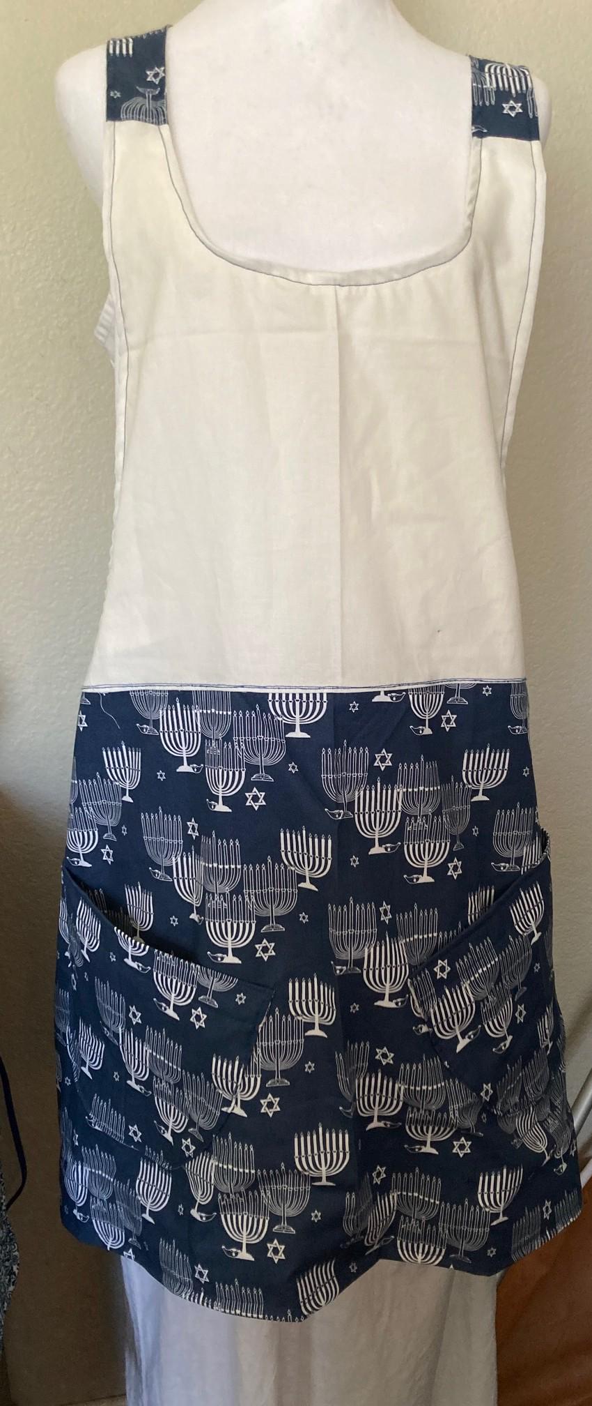 Hanukkah Menorah Apron, Reversible Cross Back Kitchen Wear, Handmade, Blue with White Print