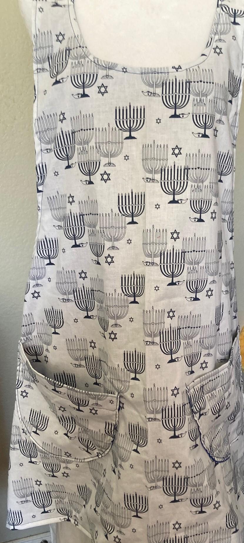 Hanukkah Menorah Apron, Reversible Cross Back Kitchen Wear, Handmade, Blue with White Print