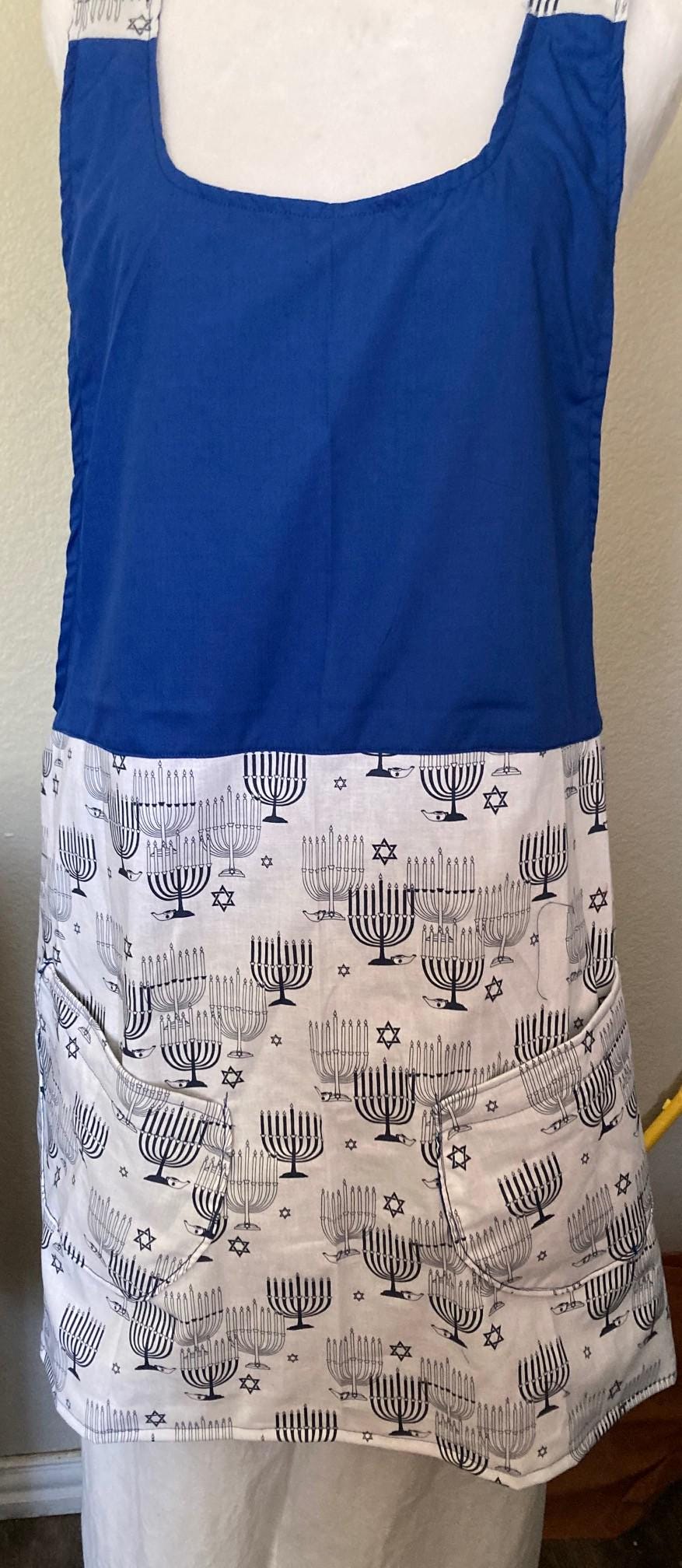 HANUKKAH MENORAHS on Reversible Cross Back Aprons Blue and White