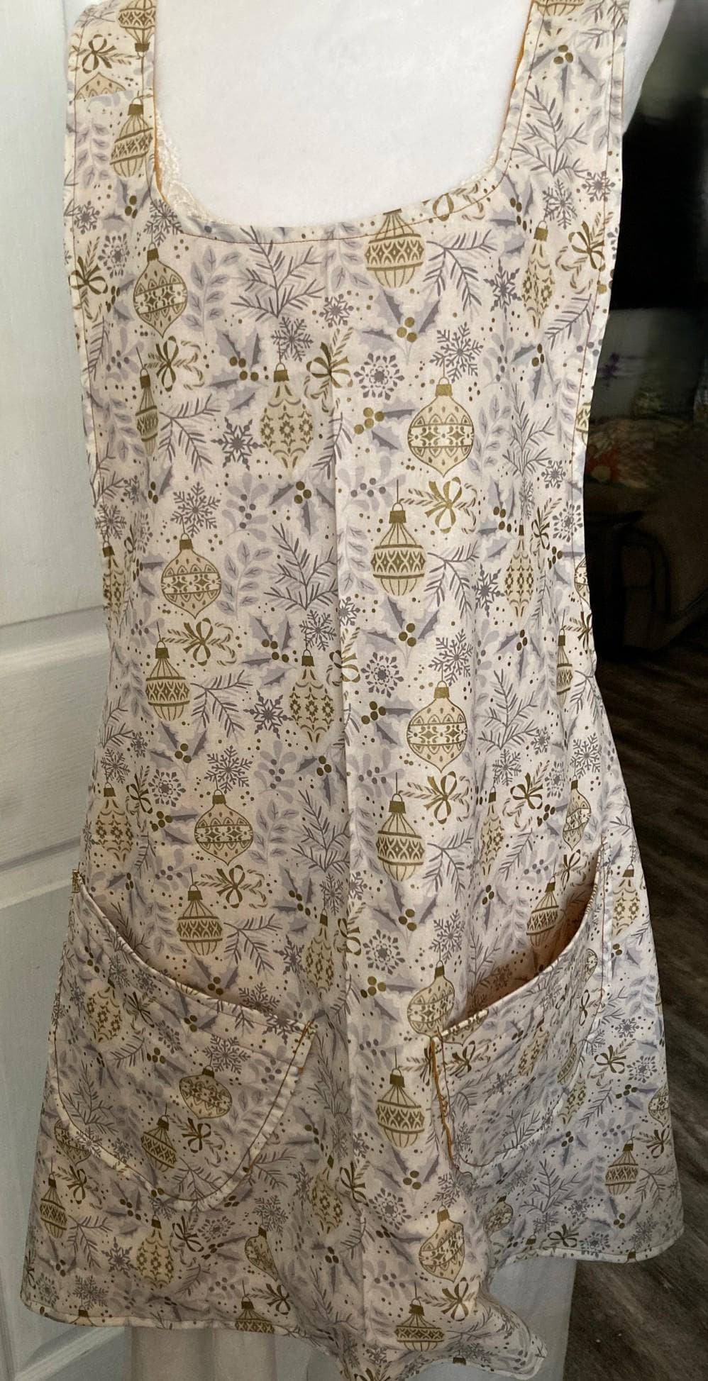 Handmade Delicate Christmas Gold Ornaments on Reversible Cross Back Aprons