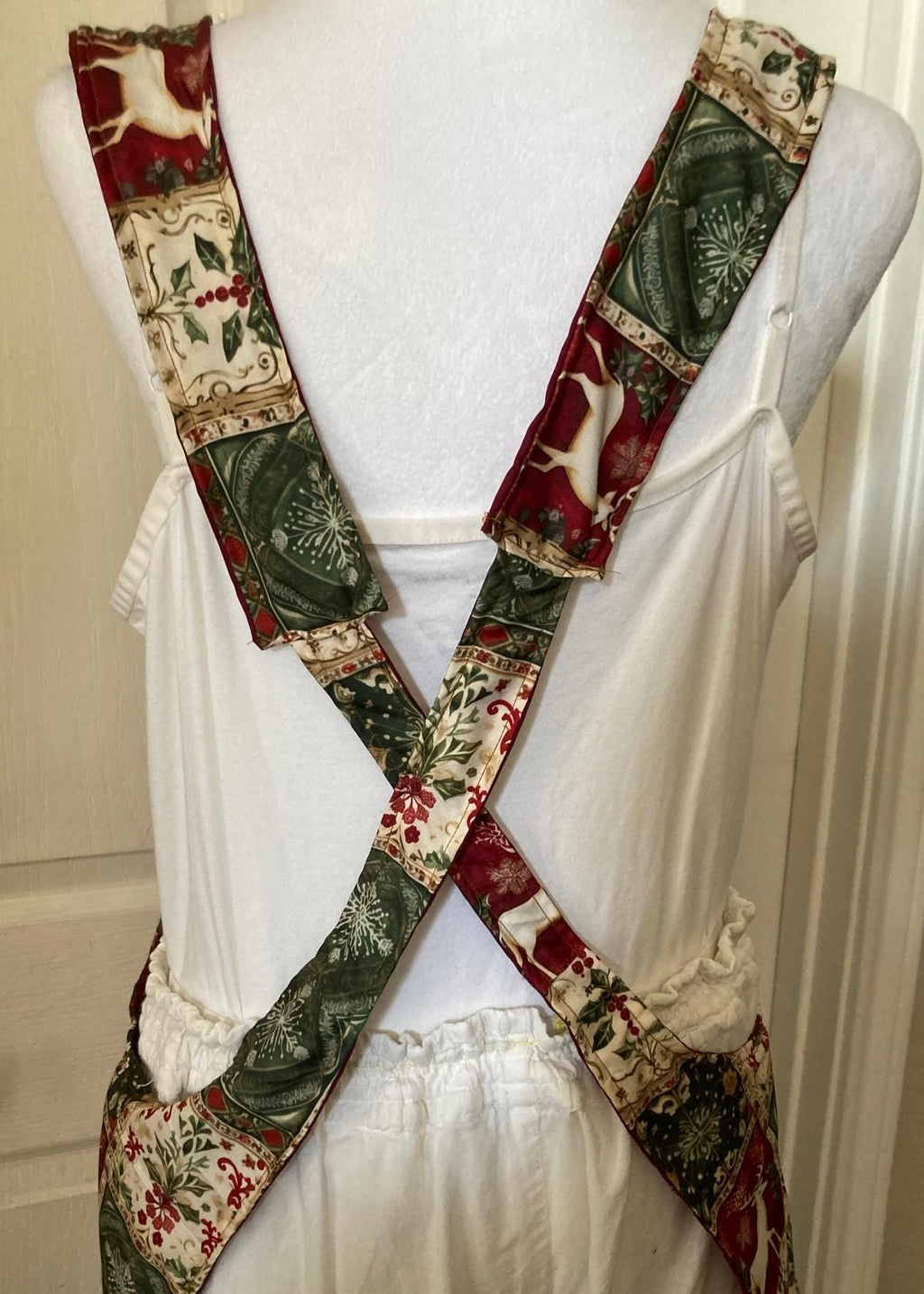 Handmade CHRISTMAS PATCHWORK REINDEERS on a Reversible Cross Back Apron as a Gift
