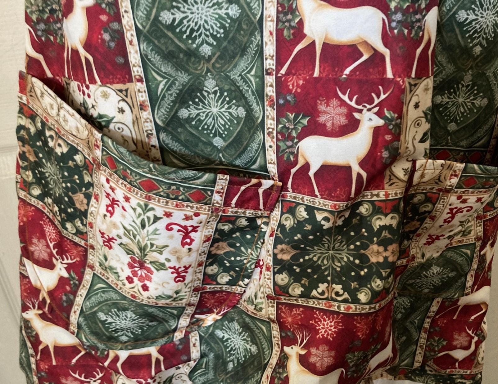 Handmade CHRISTMAS PATCHWORK REINDEERS on a Reversible Cross Back Apron as a Gift