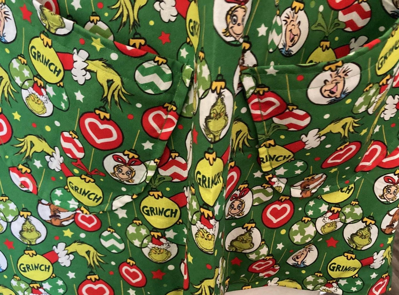 The Grinch Is in the House, Handmade reversible cross back apron, Yellow Grinch balloons,