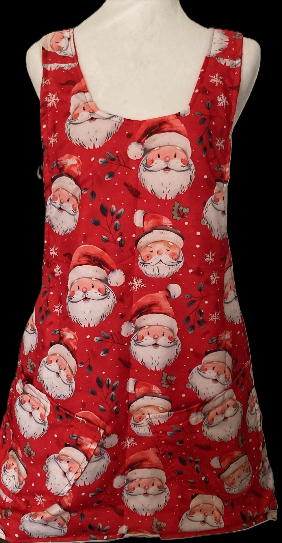 Santa Claus handmade reversible cross back apron, Christmas baking, gift for Mom,