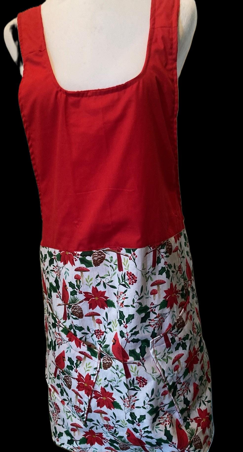 Red Christmas Cardinals, Handmade reversible Cross Back Apron,