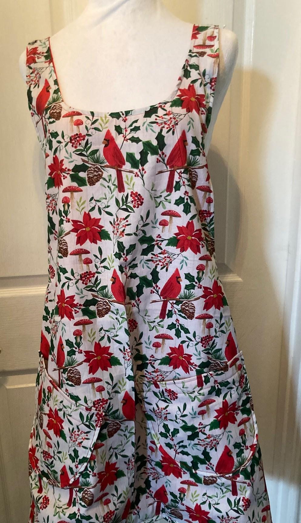 Red Christmas Cardinals, Handmade reversible Cross Back Apron,