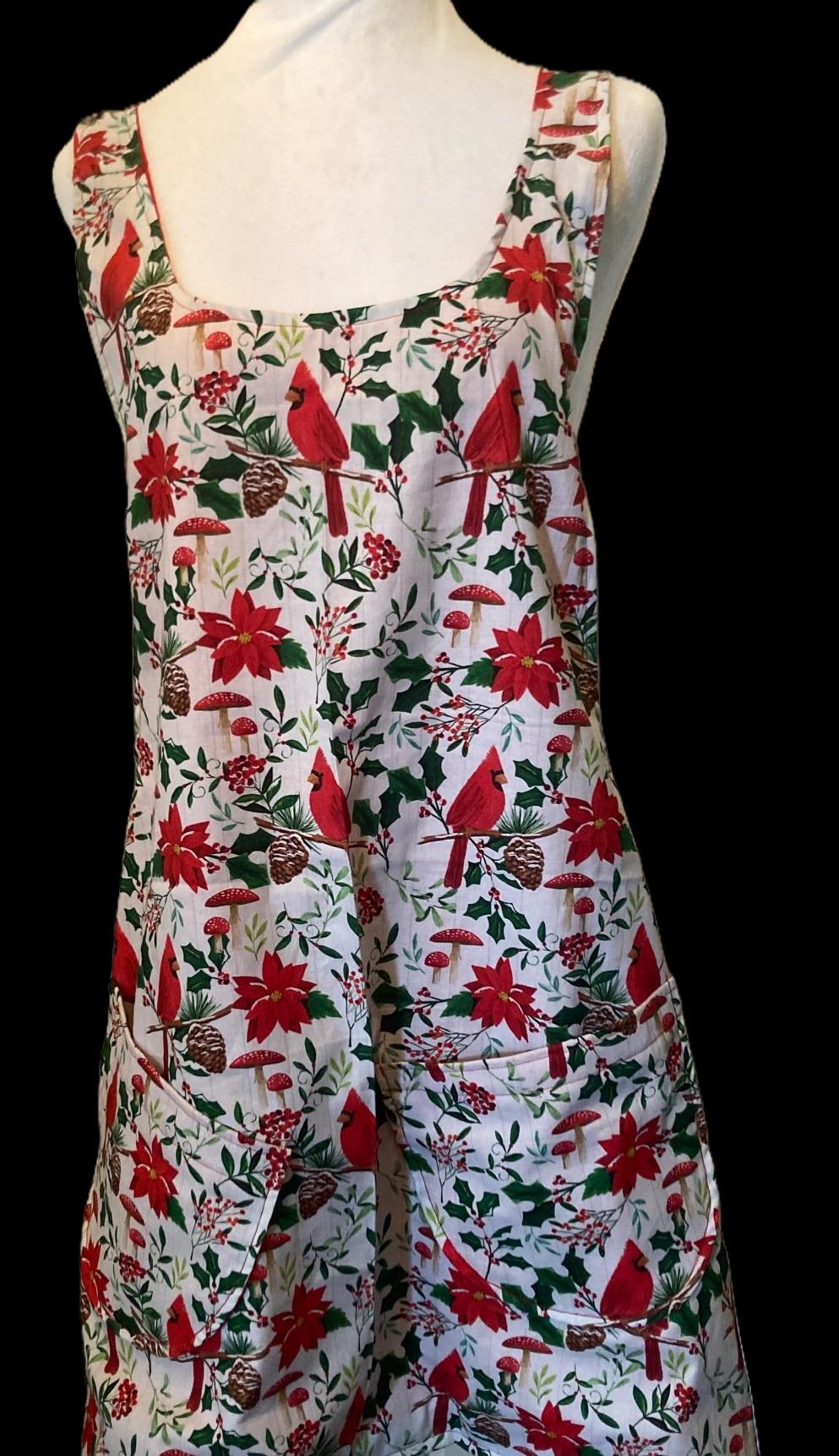 Red Christmas Cardinals, Handmade reversible Cross Back Apron,