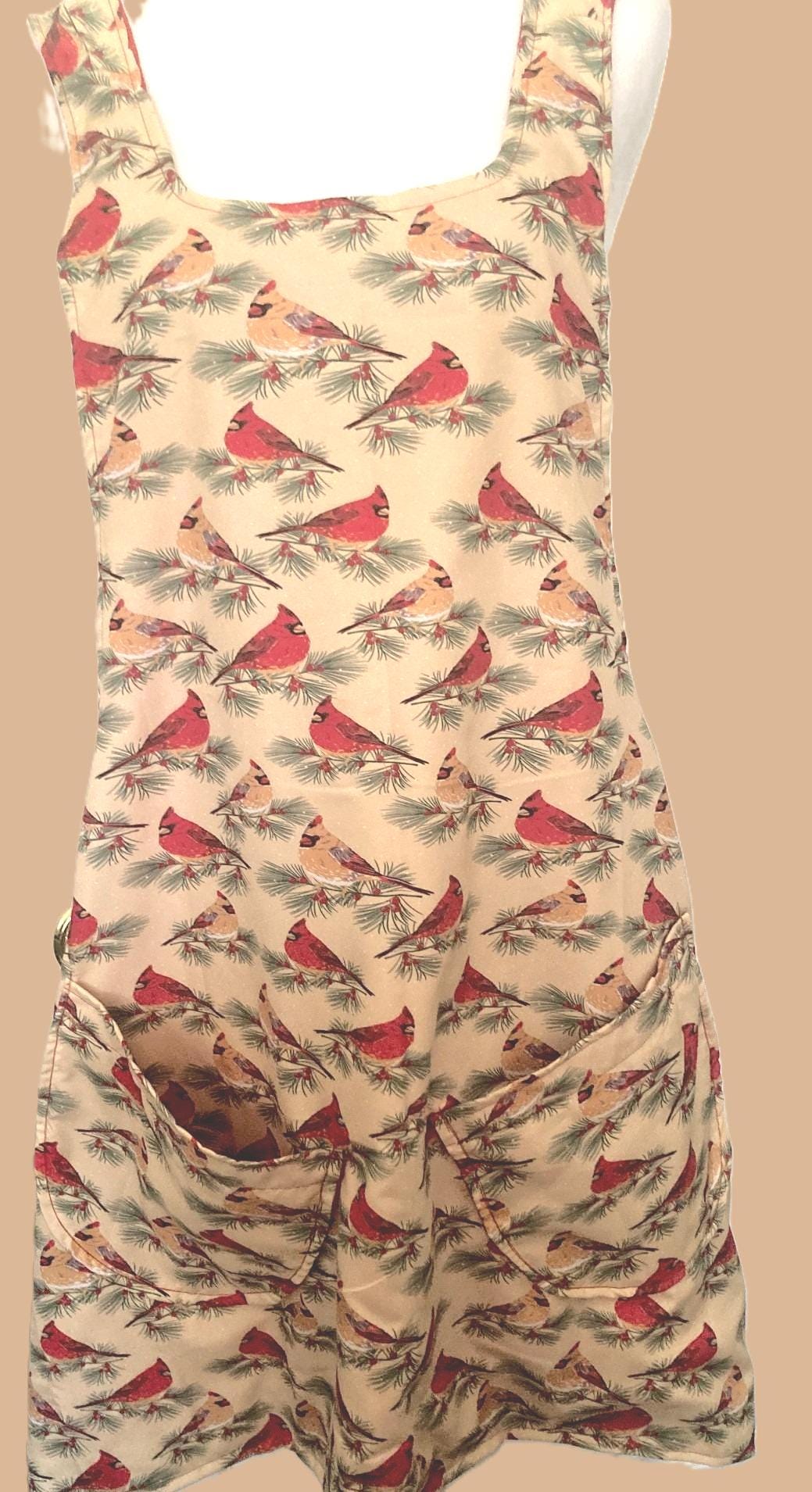 Yellow and Red Cardinals Christmas Apron, handmade reversible Cross Back, Gift for Mom,