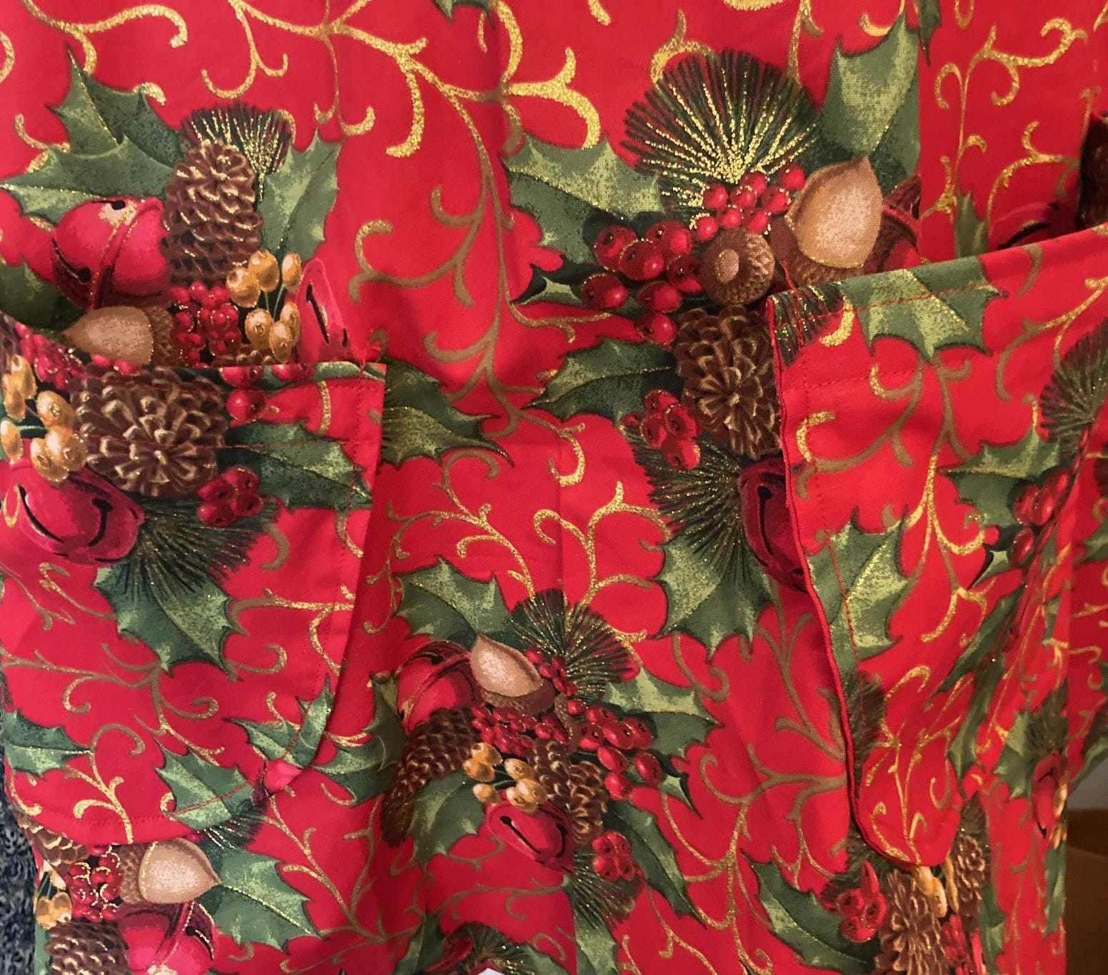 Handmade Holly Bells Christmas Apron, Glitter Reversible Cross Back, Gift for Mom