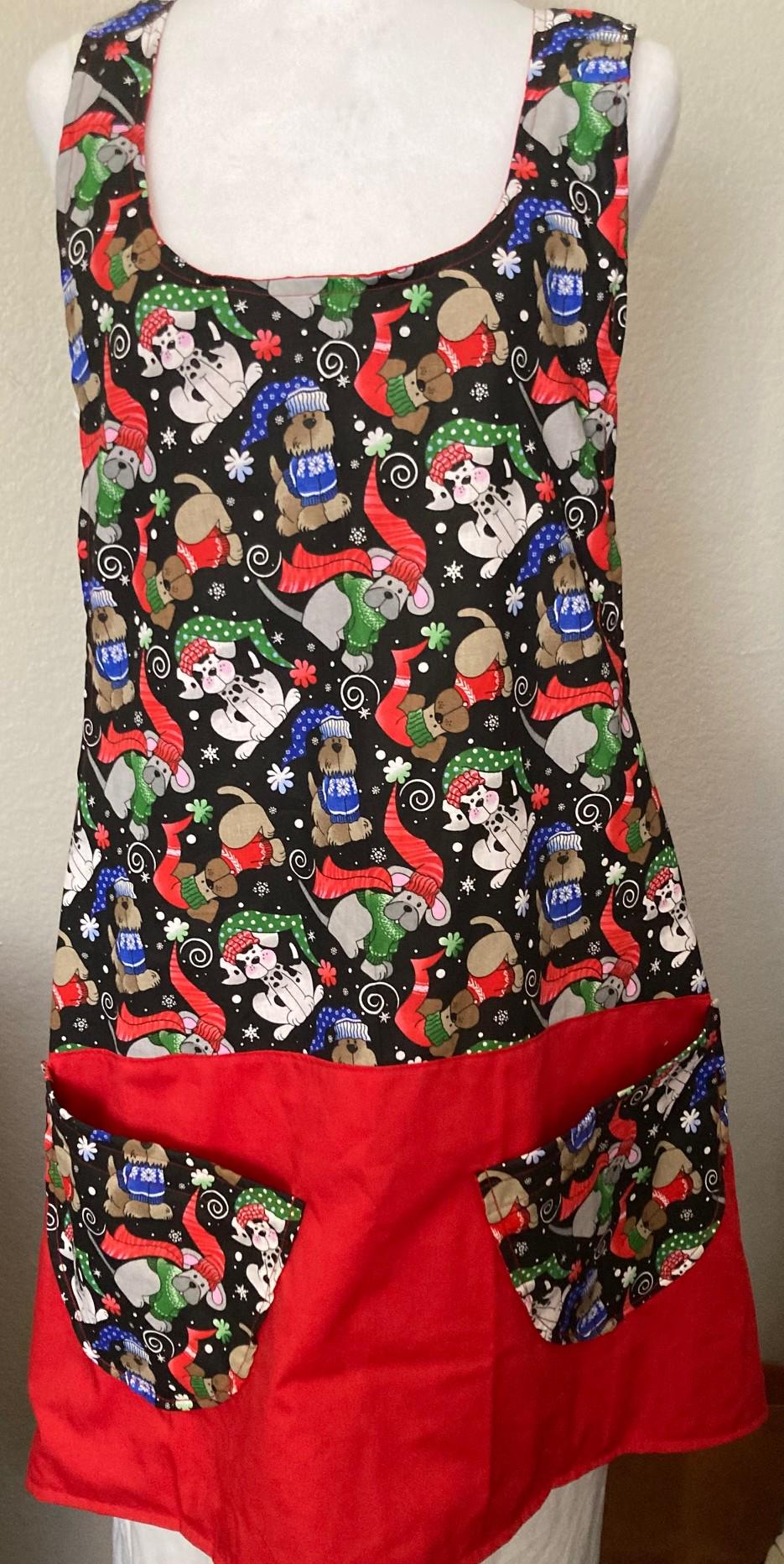 Winter Dogs Christmas Apron, handmade reversible cross back style, gift for dog lover