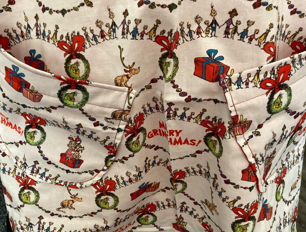 The Whos of Whoville, handmade Christmas apron, reversible cross back apron, Merry Grinchmas