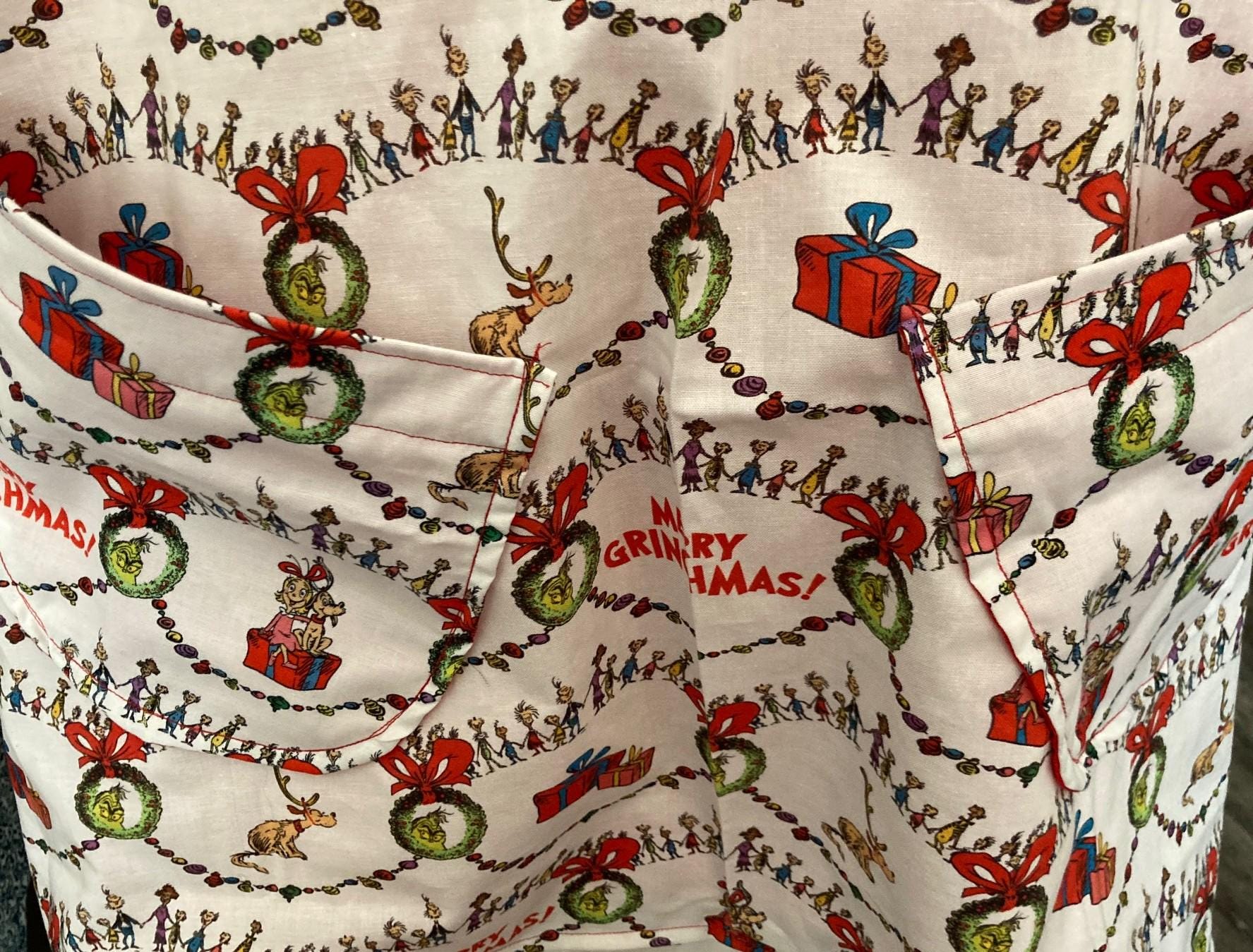 The Whos of Whoville, handmade Christmas apron, reversible cross back apron, Merry Grinchmas