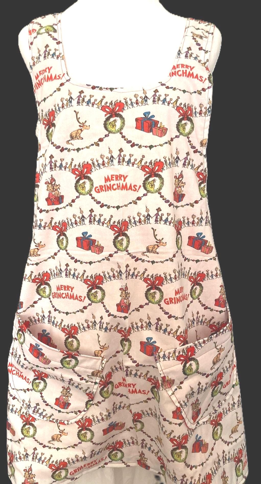The Whos of Whoville, handmade Christmas apron, reversible cross back apron, Merry Grinchmas